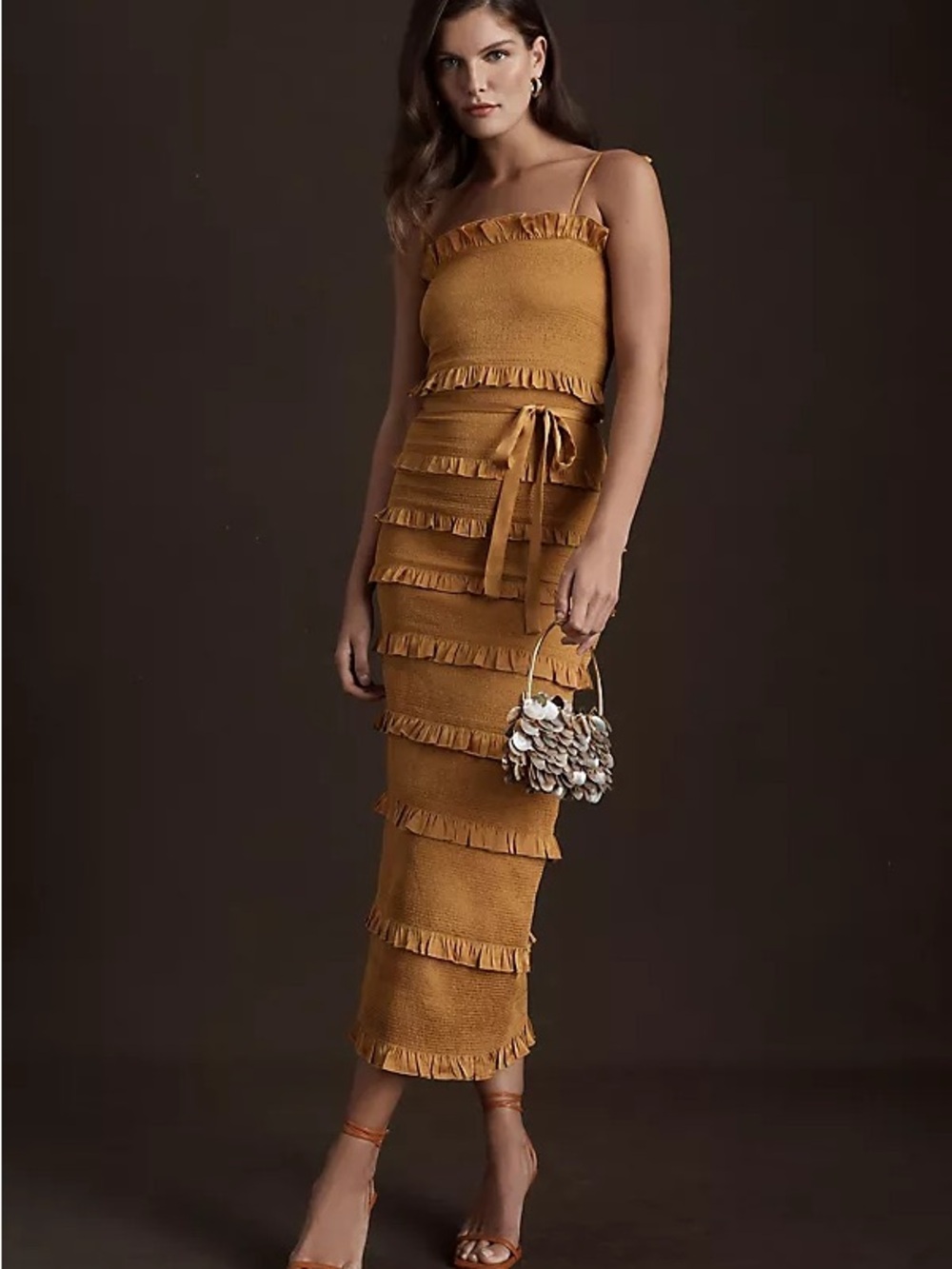 V. Chapman Mustard Ruffled Knit Midi Dress in Gold
